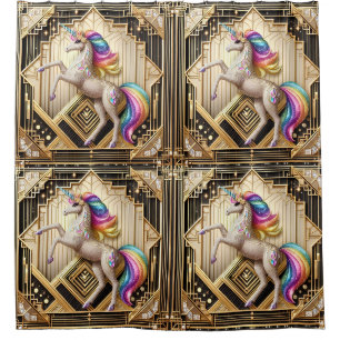 Art Deco Rainbow Faux Glitter Unicorn Shower Curtain