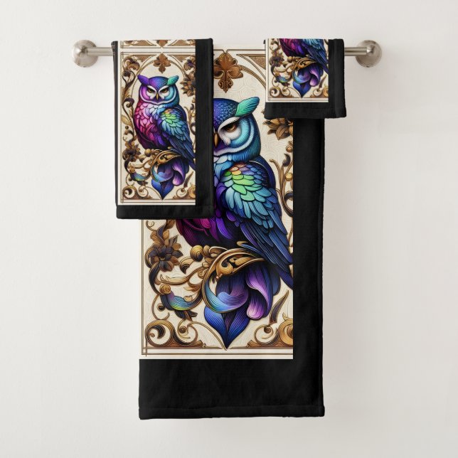 Art Deco Rainbow Owl Bath Towel Set (Insitu)