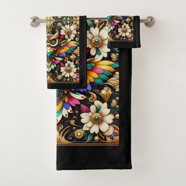 Art Deco Rainbow Owl Bath Towel Set (Insitu)