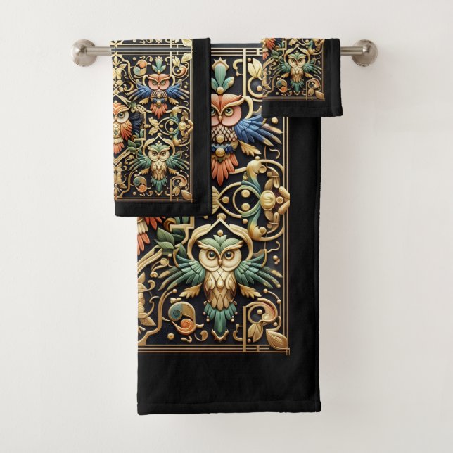 Art Deco Rainbow Owl Bath Towel Set (Insitu)