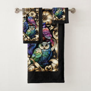 Art Deco Rainbow Owl Bath Towel Set