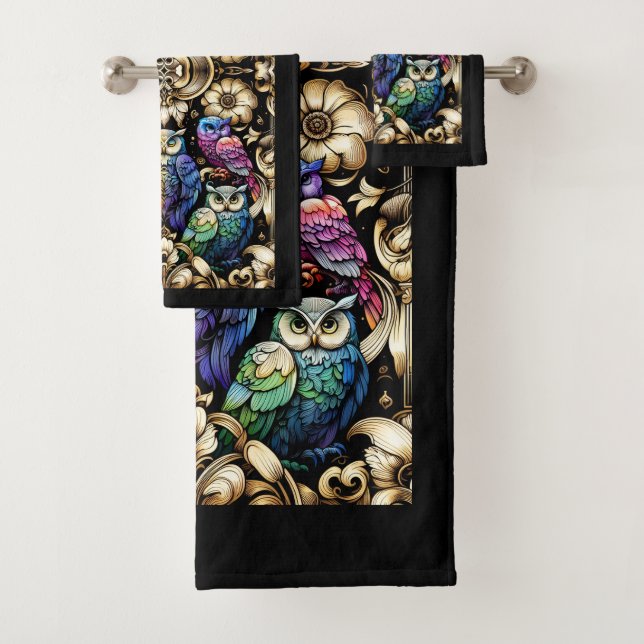 Art Deco Rainbow Owl Bath Towel Set (Insitu)