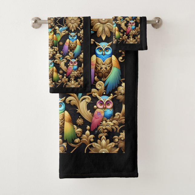 Art Deco Rainbow Owl Bath Towel Set (Insitu)