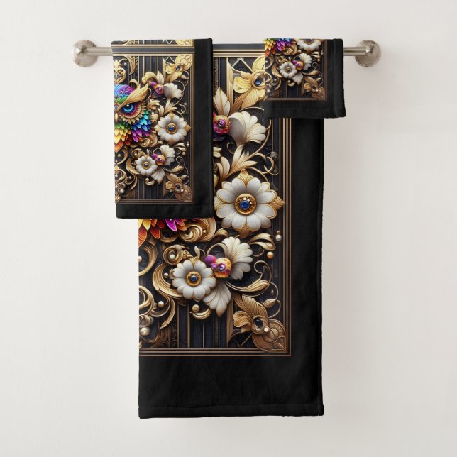 Art Deco Rainbow Owl Bath Towel Set (Insitu)