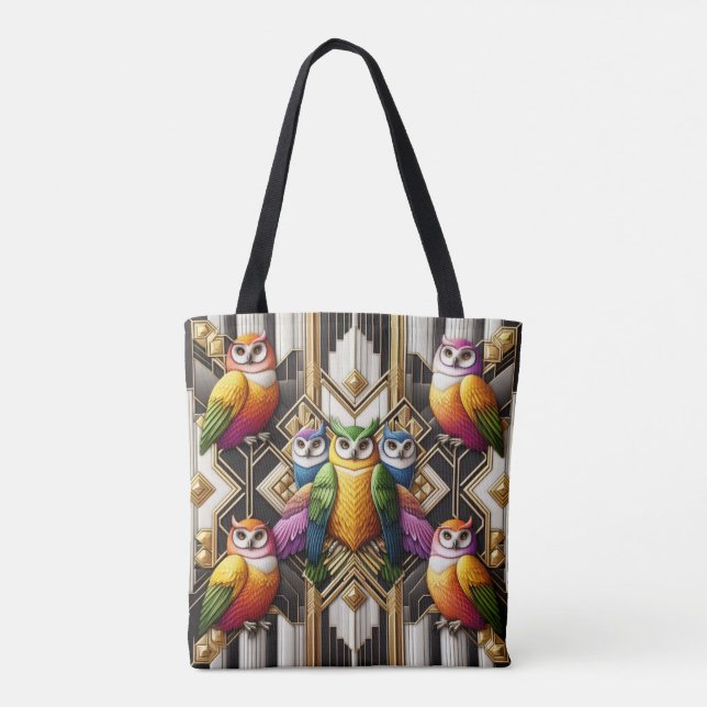 Art Deco Rainbow Owls Tote Bag (Back)