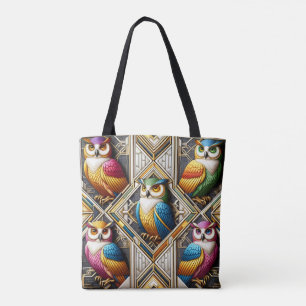 Art Deco Rainbow Owls Tote Bag