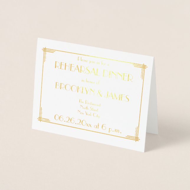 Art Deco Real Gold Foil Wedding Rehearsal Invites (Front)