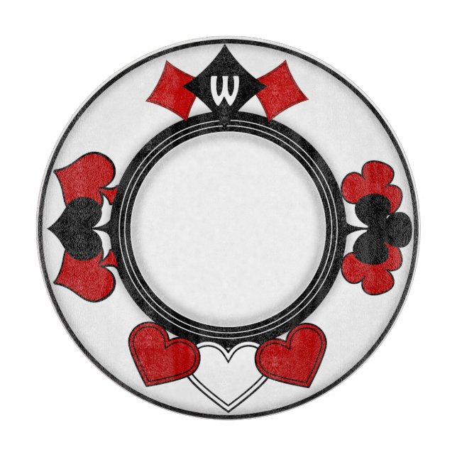 Art Deco Red and Black Card Suits Monogrammed Cutting Board (Front)