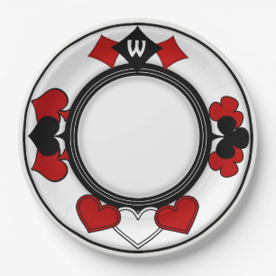 Art Deco Red and Black Card Suits Monogrammed Paper Plate