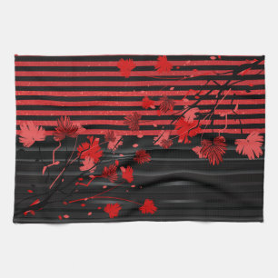Art Deco Red and Black Floral Tea Towel