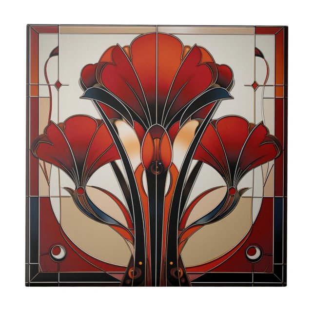 Art Deco Red Black White Abstract  Floral   Ceramic Tile (Front)
