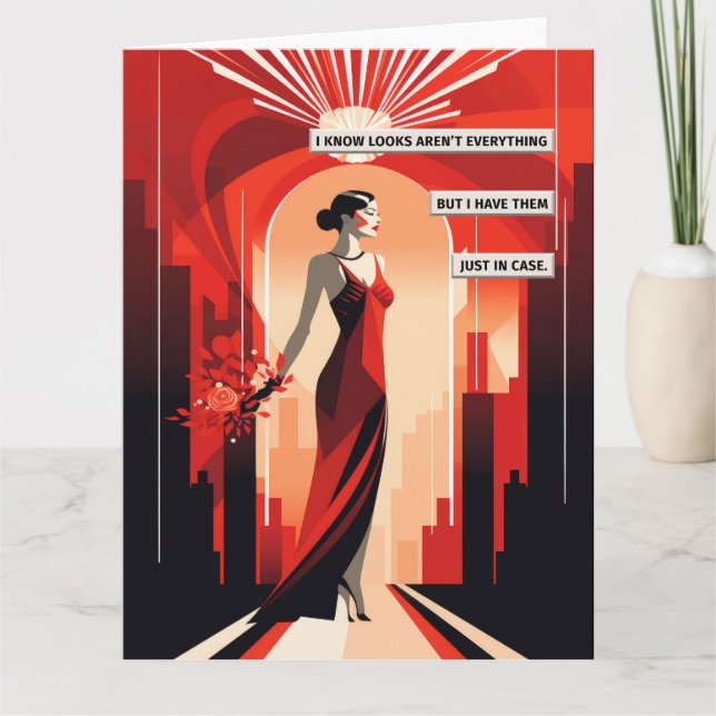 Art Deco Red Dress Woman Card (Front)