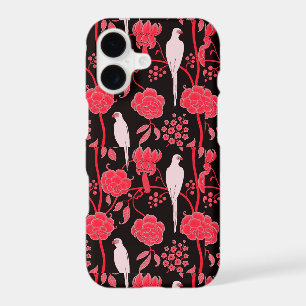 ART DECO RED FLOWERS,WHITE PARROTS ON BLACK