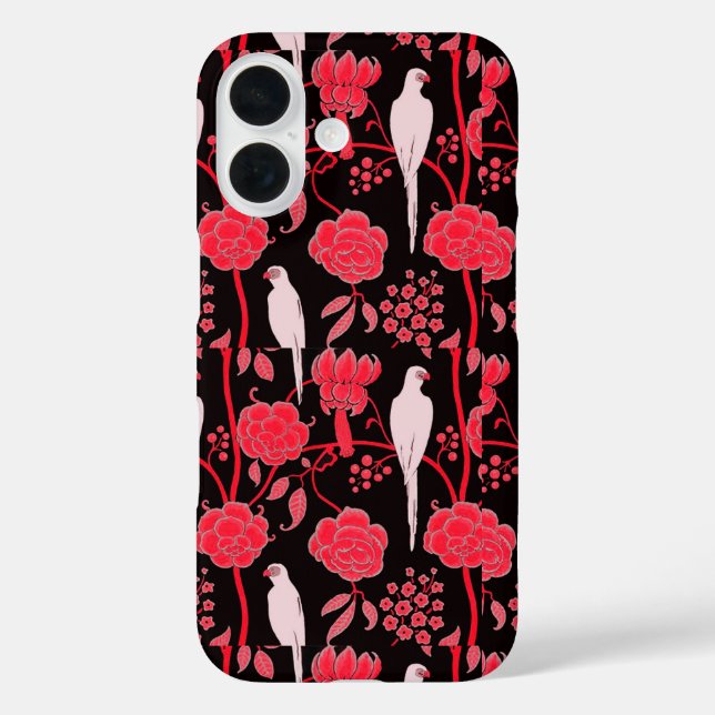 ART DECO RED FLOWERS,WHITE PARROTS ON BLACK Case-Mate iPhone CASE (Back)