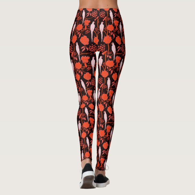ART DECO RED FLOWERS,WHITE PARROTS ON BLACK LEGGINGS (Back)