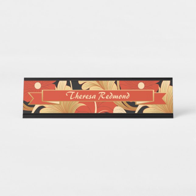 Art Deco Red Poppies Personalised Desk Name Plate (Front)