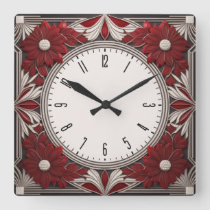 Art Deco red Square Wall Clock