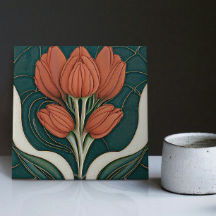 Art Deco Red Tulips Green Wall Decor Art Nouveau Ceramic Tile