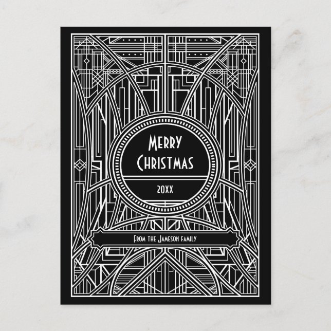Art deco retro black and white Merry Christmas Postcard (Front)