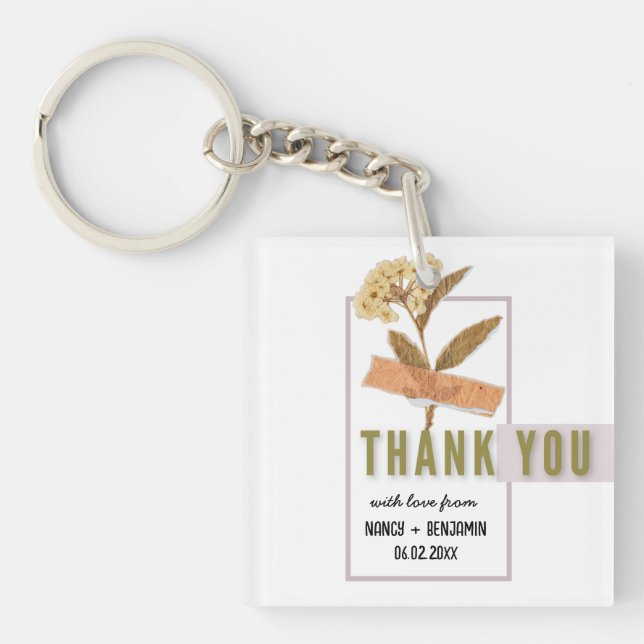 Art Deco Retro Floral Elegant Custom Wedding Thank Key Ring (Front)