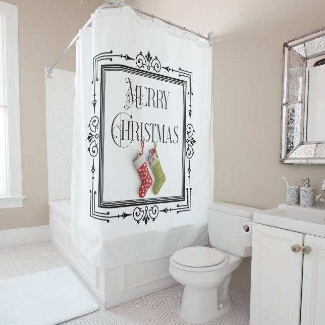 Art Deco Retro Frame Merry Christmas Stockings Shower Curtain (In Situ)