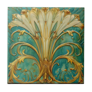 Art Deco Retro Gold Turquoise Trumpet Flower Ceramic Tile