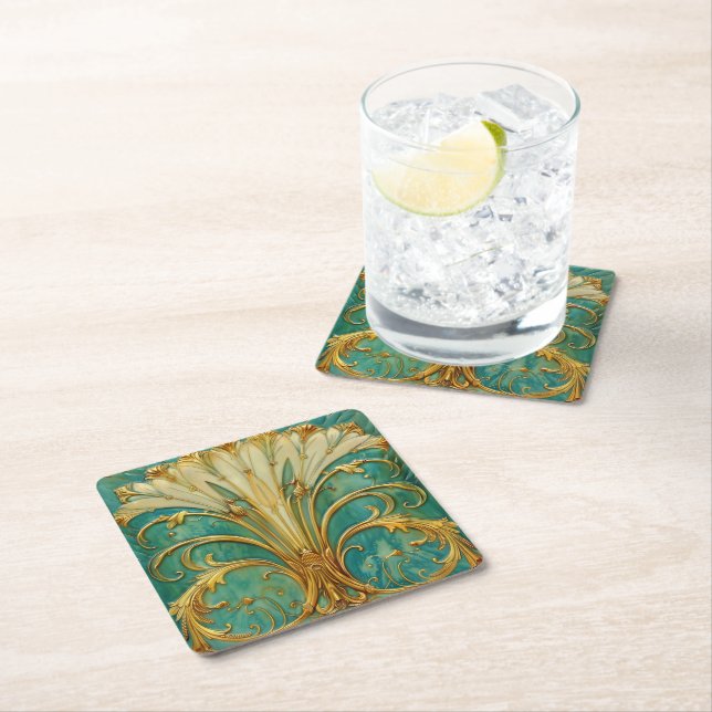 Art Deco Retro Gold Turquoise Trumpet Flower Square Paper Coaster (Insitu)