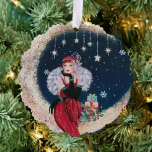 Art Deco retro vintage add text lady  Tree Decoration Card
