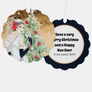 Art Deco retro vintage add text lady Tree Decoration Card