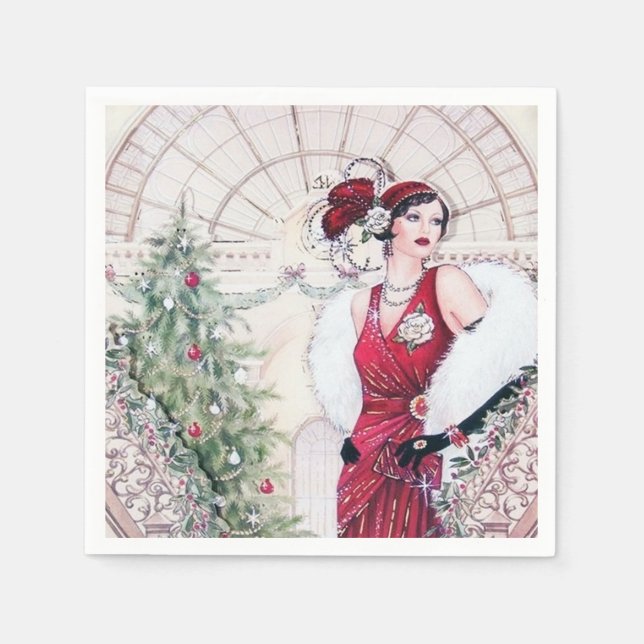 Art Deco retro vintage Christmas Holiday lady Napkin (Front)