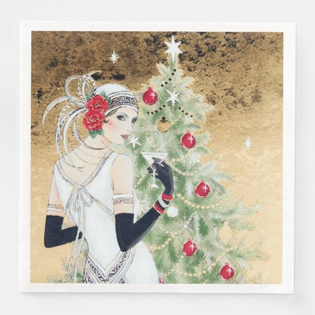 art deco retro vintage christmas holiday party napkin (Front)
