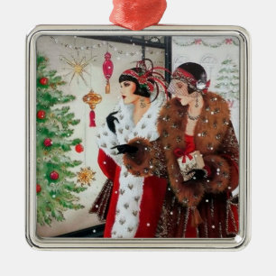 Art deco retro vintage Christmas Ladies Metal Ornament