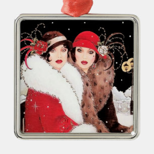 Art deco retro vintage Christmas Ladies party Metal Ornament