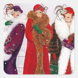 Art deco retro vintage Christmas ladies sticker