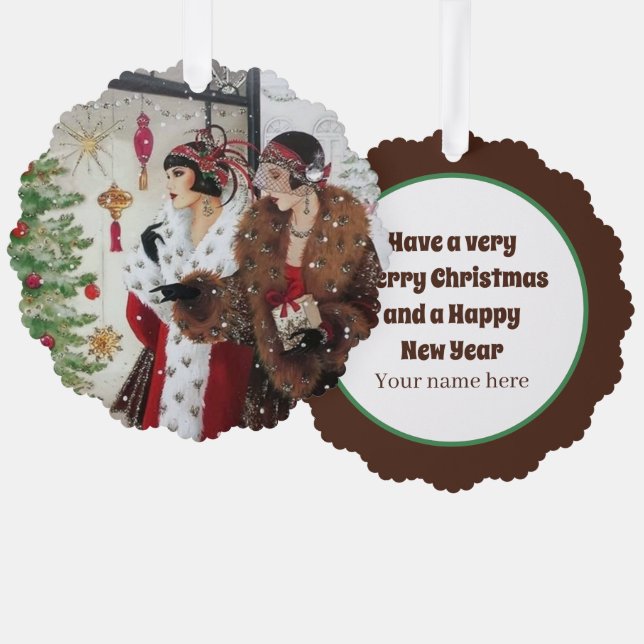 Art Deco retro vintage Christmas ladies Tree Decoration Card (Front/Back)