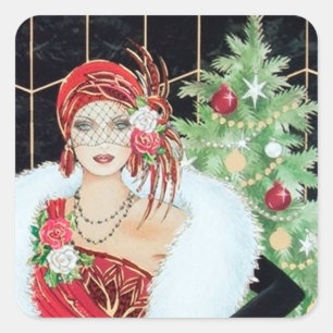 Art deco retro vintage Christmas lady sticker