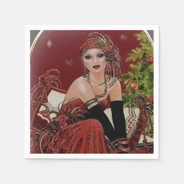 Art Deco retro vintage Christmas party lady  Napkin (Front)