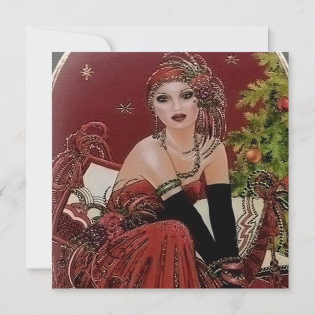 art deco retro vintage lady Christmas Holiday Card (Front)