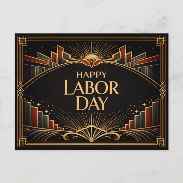 Art Deco Rising City Happy Labor Day Holiday Postcard (Front)