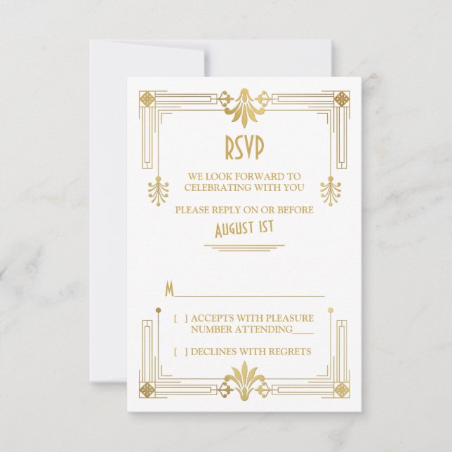 Art Deco Roaring 20s Gold White Wedding RSVP Card (Front)