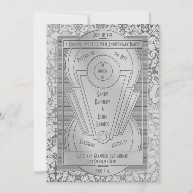 Art Deco Roaring Twenties Silver 25th Anniversary Invitation (Front)