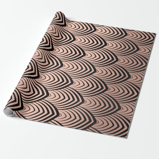 Art Deco Rose Gold Black Scales Seashells Wrapping Paper (Unrolled)
