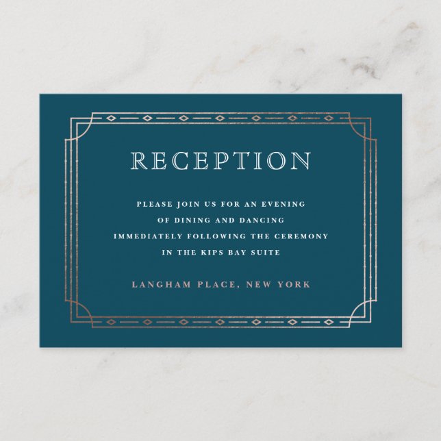 Art Deco Rose Gold Border Teal Wedding Reception Enclosure Card (Front)