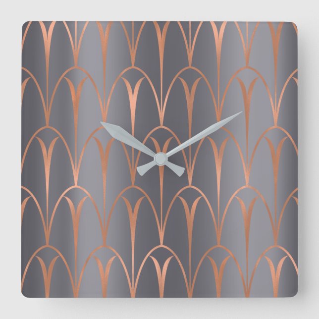 Art Deco Rose Gold Copper Geometry Gray Grey Square Wall Clock (Front)