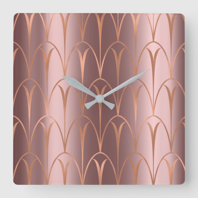 Art Deco Rose Gold Copper Geometry Minimal Square Wall Clock (Front)