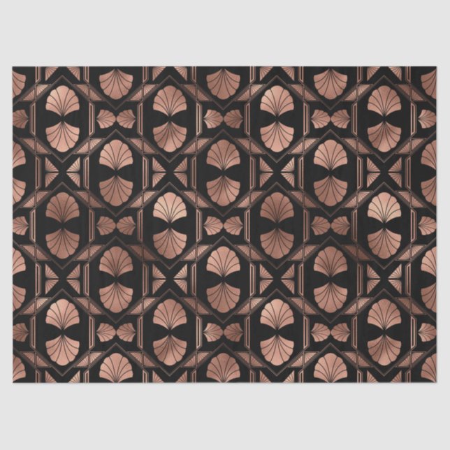 Art Deco Rose Gold Shells on Black Decoupage Tissue Paper (Front)