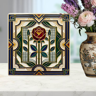 Art Deco Rose Red Blue Green Gold Floral Art Tile