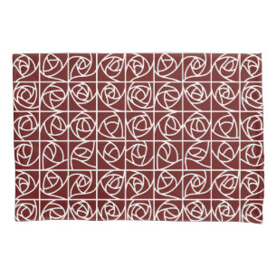 Art Deco Rose Squares Stylised Floral deep red Pillowcase