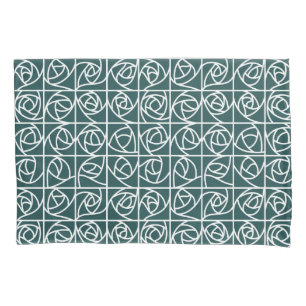 Art Deco Rose Squares Stylised Floral green Pillowcase