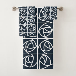 Art Deco Rose Squares Stylised Floral navy blue Bath Towel Set
